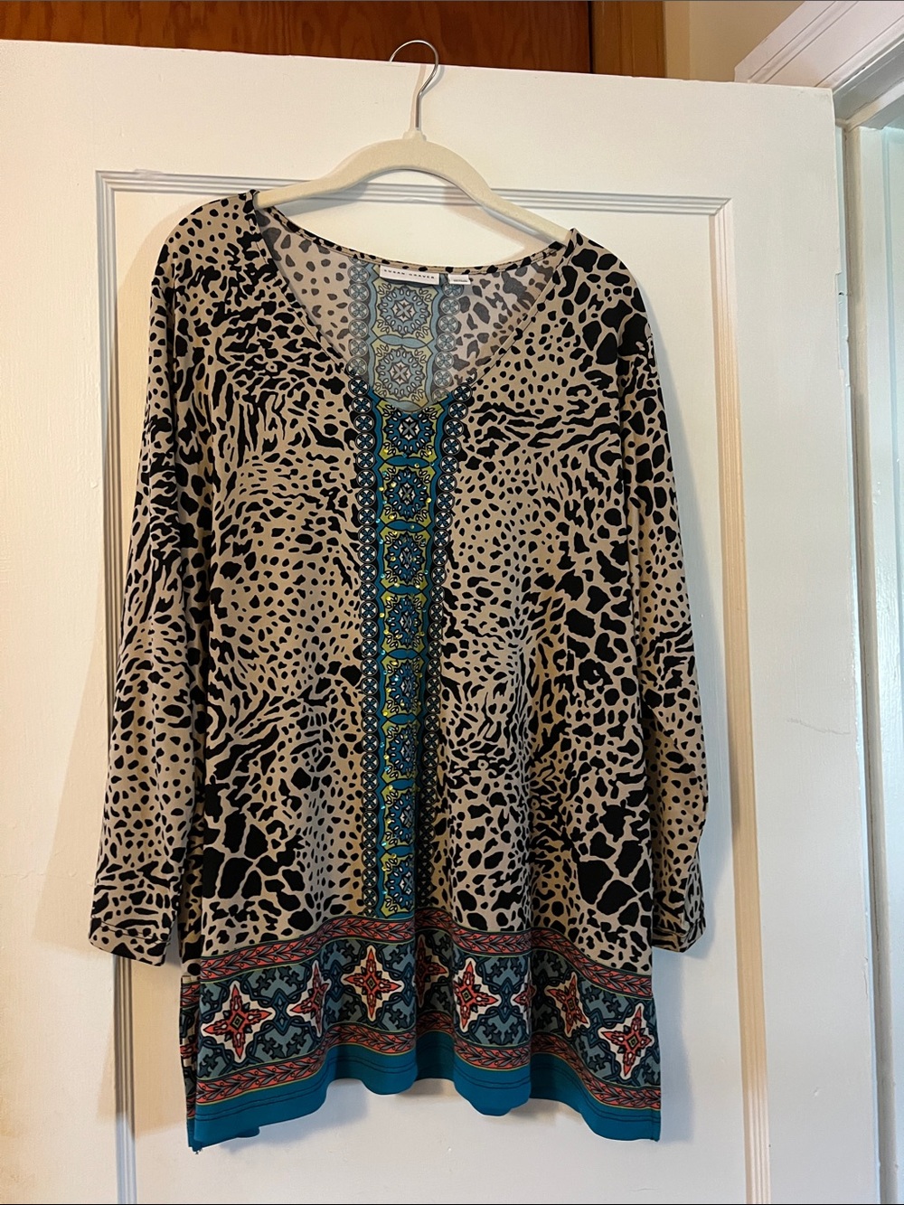 Susan Graver Beige and Black Animal Print Tunic with Teal Trim